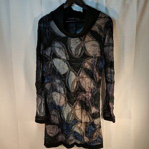 Ness Blue Brown Long Sleeve Tunic Shirt Top Womens Medium M Black Floral